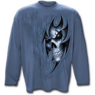 T-shirt gothique homme bleu  manches longues avec effet ajour sur crane