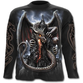 T-shirt gothique homme  manches longues avec dragon crachant de la lave sur une glise