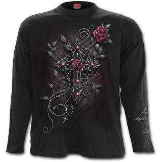 T-shirt gothique homme  manches longues avec jeune femme religieuse, rose et crucifix