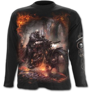 T-shirt gothique homme  manches longues avec motard en squelette et sa moto steampunk