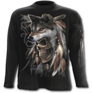 T-shirt gothique homme  manches longues avec squelette indien esprit du loup