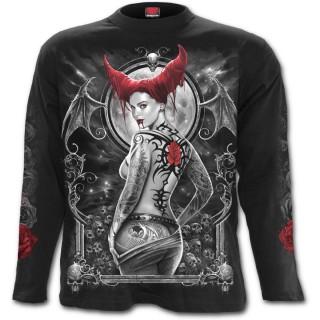 T-shirt gothique homme manches longues avec vampiresse et rose sur fond de lune