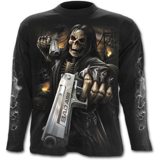 T-shirt gothique homme  manches longues  squelette flingueur aux cheveux longs