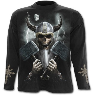 T-shirt gothique homme  manches longues  squelette viking avec marteaux et casque  cornes