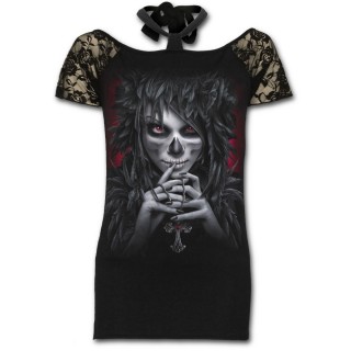 T-shirt gothique  manches dentelles et col en ruban avec femme maquille style macabre