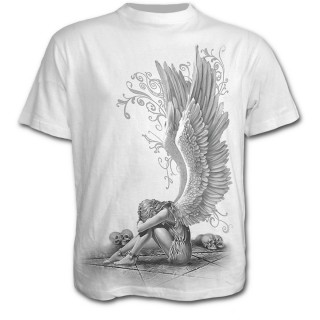 T-shirt homme blanc avec femme ange enchainée et pentagramme