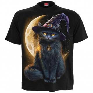 T-shirt homme � chat noir avec chapeau de sorci�re et lune