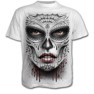 T-shirt homme gothique blanc avec masque Catrina Calavera et crane avec rose