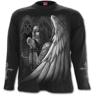 T-shirt homme gothique manches longues avec ange tatou prisonnier et croix macabre aile