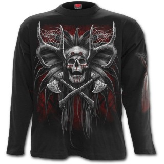 T-shirt homme gothique  manches longues avec chef indien et crane hybride