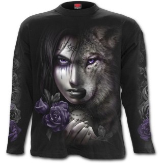 T-shirt homme gothique manches longues avec femme  demi-face de loup