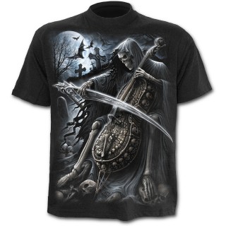 T-shirt homme noir avec La Mort jouant de la musique avec sa faux