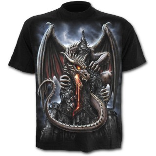 T-shirt homme noir  dragon crachant de la lave sur une glise