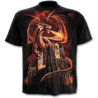 T-shirt homme noir  dragon furieux incendiant une cathdrale