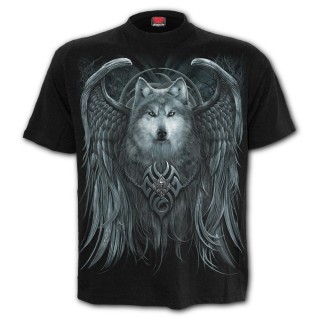 T-shirt homme noir "Esprit du loup"  avec loup à ailes d'ange