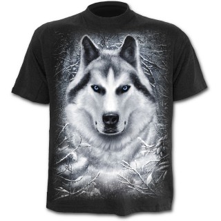 T-shirt homme noir  loup dans une fort enneige