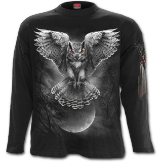 T-shirt homme noir manches longues  hibou en chasse et pleine lune