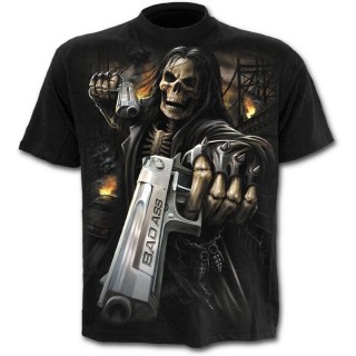 T-shirt homme noir  squelette flingueur aux cheveux longs