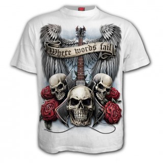 T-shirt homme rock blanc  guitare aile avec cranes et roses