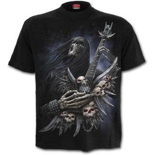 T-shirt homme  squelette rock jouant sur une guitare orne de cranes