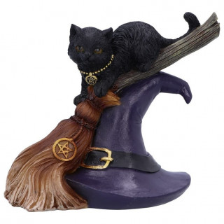 Statuette chaton sur balais et chapeau de sorcire