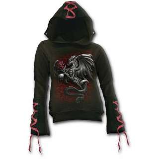 Sweat capuche gothique femme  rubans avec dragon tenant une rose