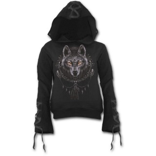 Sweat-shirt gothique femme  rubans avec loup et attrape-rves amrindien