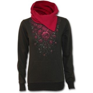 Sweat-shirt gothique femme avec capuche  rabas et motif de roses ensanglantes