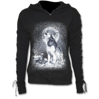 Sweat-shirt gothique femme avec manches  lacets et loup dans une fort enneige