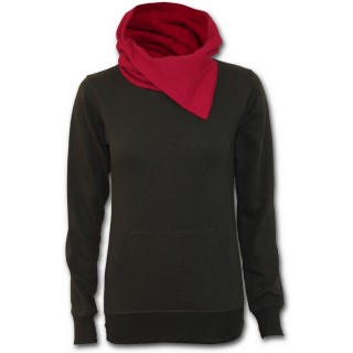 Sweat-shirt gothique femme noir avec capuche rouge  rabas