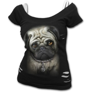 T-shirt dbardeur (2en1) femme gothique  chien bulldog avec piercing au nez