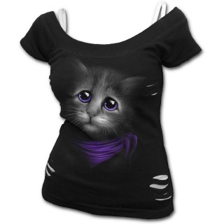 T-shirt dbardeur (2en1) femme gothique avec chat au regard attendrissant