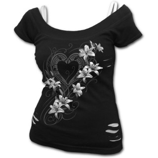T-shirt (2en1) femme "coeur pur" avec fleurs blanches