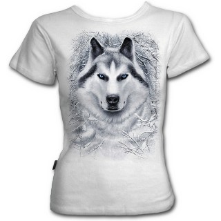 T-shirt femme  mancherons avec loup dans une fort enneige