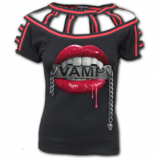 T-shirt femme buste lanires  bouche de vampire et plaque mtallique