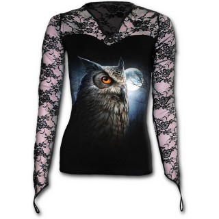 T-shirt femme gothique  dentelle avec hibou et pleine lune