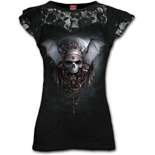 T-shirt femme gothique  dentelles "Nuits gothiques"  crane avec ailes de chauve-souris