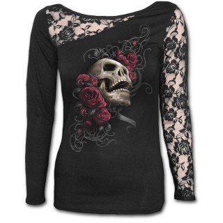 T-shirt femme gothique  manche longue en dentelle avec tte de mort sur lit de roses et tribal