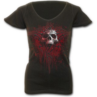 T-shirt femme gothique  mancherons  avec tte de mort et symbole tribal ensanglant