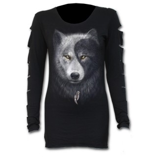 T-shirt femme gothique à manches lacérées avec loups et attrape rêve Yin et Yang