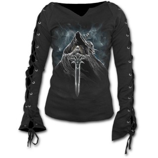 T-shirt femme gothique  manches longues  lacets avec cavalier de La Mort sur son cheval noir
