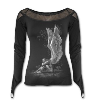 T-shirt femme gothique  manches longues avec ange  ailes dployes sur pentagramme