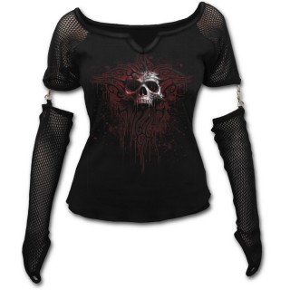 T-shirt femme gothique  manches longues style gant avec tte de mort et symbole tribal ensanglant