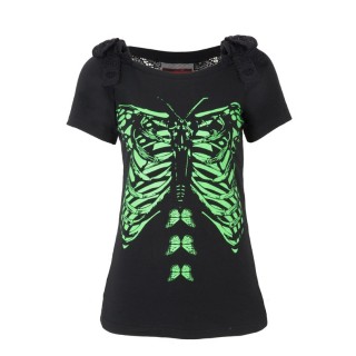 T-shirt Femme gothique Jawbreaker à cage thoracique vert fluo style papillon