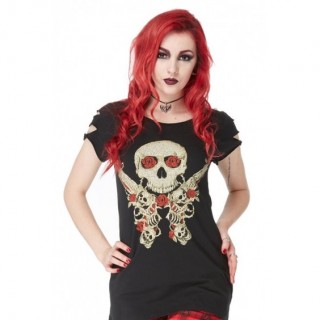 T-shirt Femme gothique Jawbreaker  tte de mort, roses et rvolvers