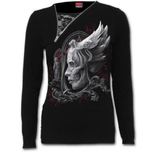 T-shirt femme manches longues  zip et dentelle avec visage, cranes et ange de la mort fusionns