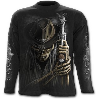 T-shirt gothique homme  manches longues  squelette cowboy avec rvolver fumant
