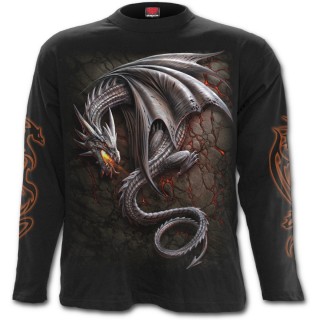 T-shirt gothique homme  manches longues avec dragon gris sur lave craquele