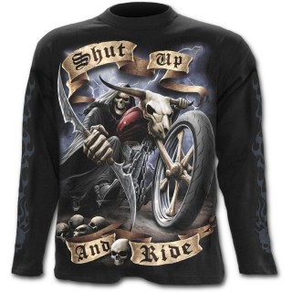 T-shirt gothique homme  manches longues avec La Mort sur sa moto et crane ail