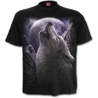 T-shirt homme avec loup hurlant sur fond de montagnes et lune pourpre